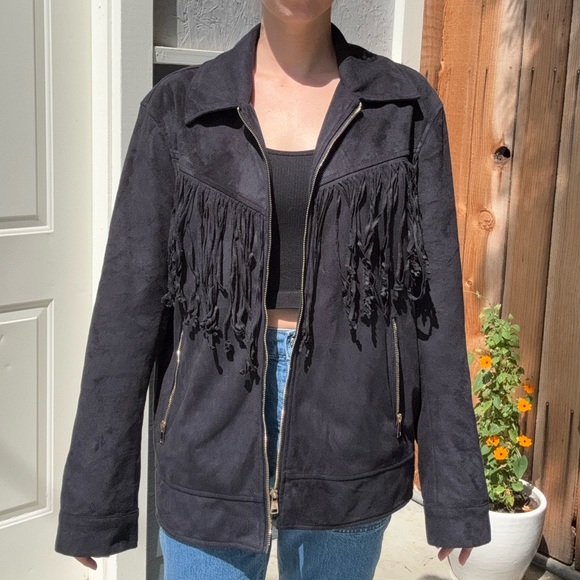 Black Faux Suede Fringe Western Jacket - Picture 2 of 7